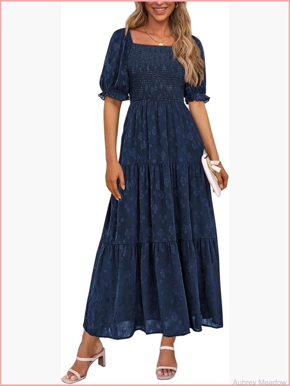Square Neck Short Sleeve Smocked Midi Dress Floral Boho - Picture 1 of 7